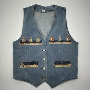 Vintage Apache Denim Blue Vest Cats Glitter Decoration Button Y2K Women's XL VTG